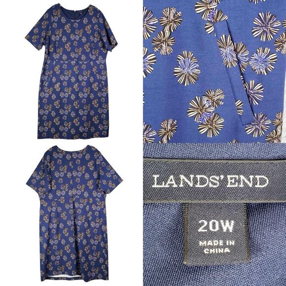 Lands End Shift Dress Women's Plus Size 20W Blue Floral Mini Stretch - Picture 1 of 8